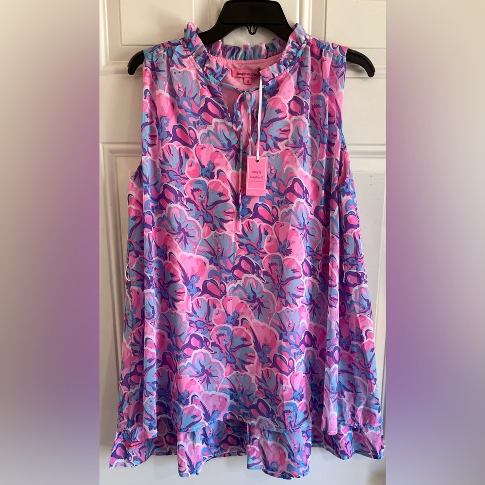 NWT Simply Southern Ruffle Neck Tunic Top Women Small Tropical Pink/Purple/Blue